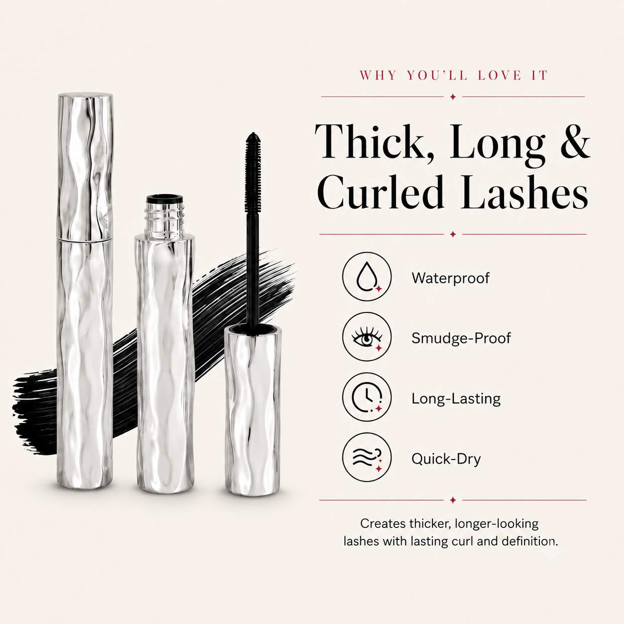 Thick long curled lashes waterproof smudge proof long lasting quick dry